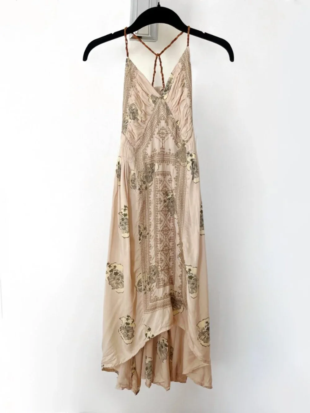 Free People Fauna Midi Dress- Cream Green Floral Hi-Low Halter